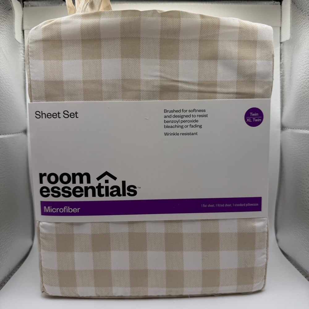Room Essentials Khaki Gingham Microfiber Sheet Set Twin Twin XL 3pc Tan Check